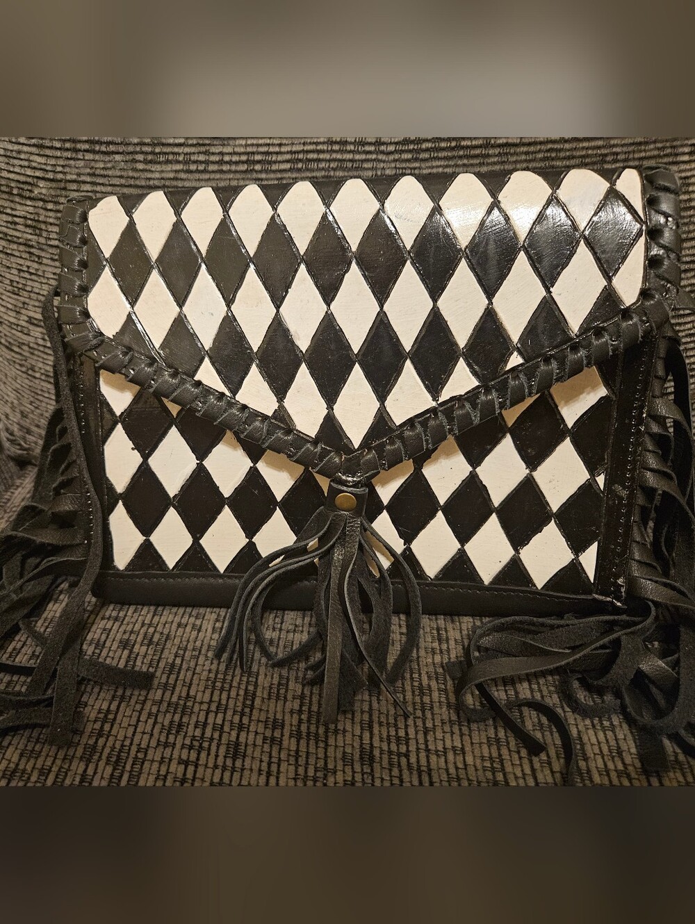 Black & White Diamond Leather Fringe Crossbody Bag